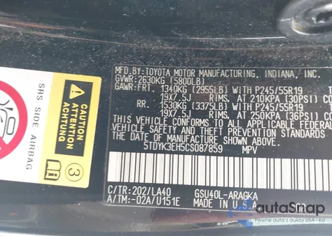 2012 Toyota Highlander Limited V6 z USA, uszkodzony, nr VIN 5TDYK3EH5CS087859